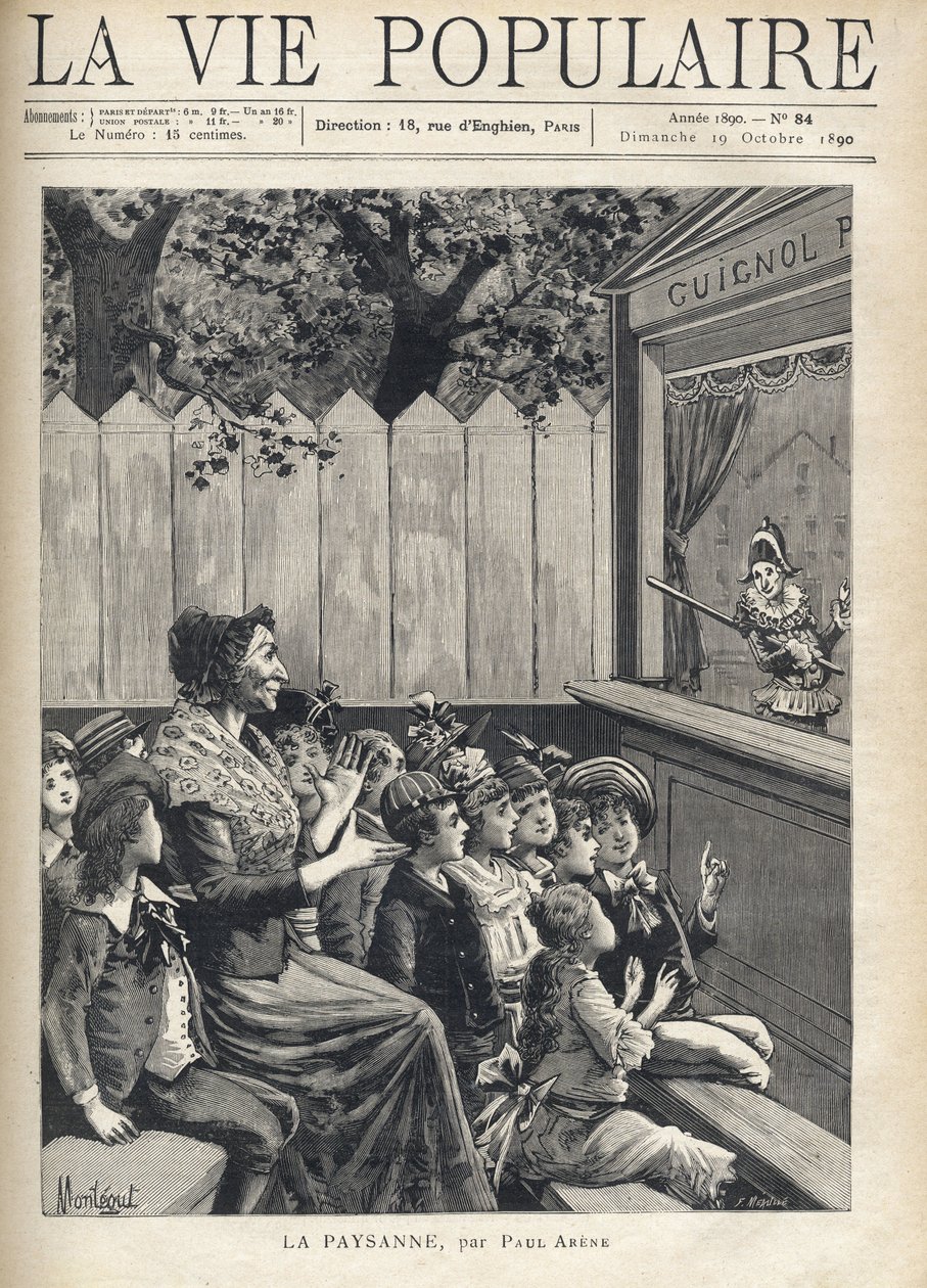 Kobieta w środku grupy dzieci oklaskiwała przedstawienie kukiełkowe (Guignol). Ilustracja Fortune Meaulle autorstwa Monteguta do „Chłopa” Paula Arene