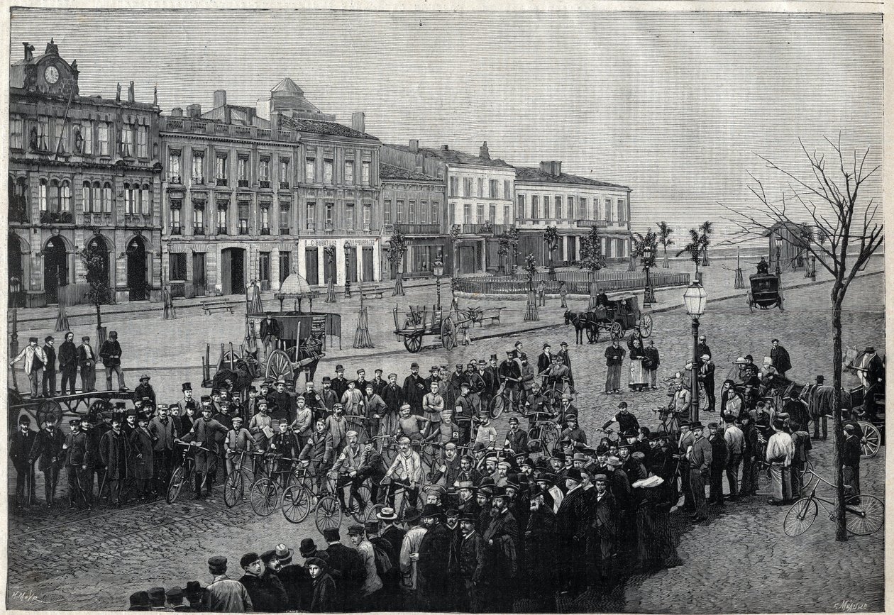Wyjazd z wyścigu kolarskiego Bordeaux-Paryż (Bordeaux Paris) w 1891 r. - rycina Meaulle z 1891 r. autorstwa Fortune Louis Meaulle