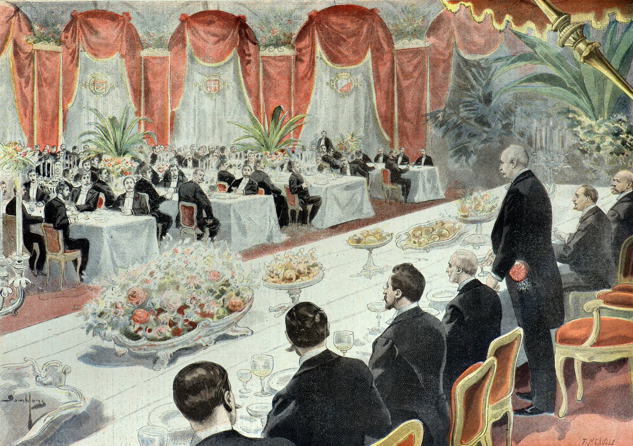 Kolacja wydana dla Felixa Faure przez przedstawicieli handlu i przemysłu w 1897 r. (rycina) autorstwa Fortune Louis Meaulle