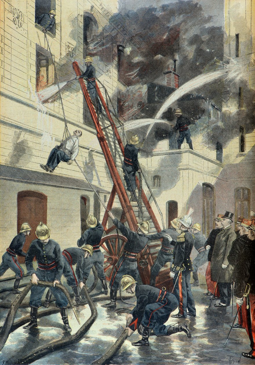 Felix Faure uczestniczy w szkoleniu paryskiej straży pożarnej w 1898 r. (rycina) autorstwa Fortune Louis Meaulle