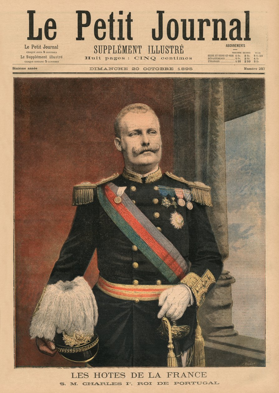 Francuscy gospodarze, Jego Wysokość Carlos I, Król Portugalii, ilustracja na przedniej okładce z "Le Petit Journal", supplement illustre, 20 października 1895 r. autorstwa Fortune Louis Meaulle