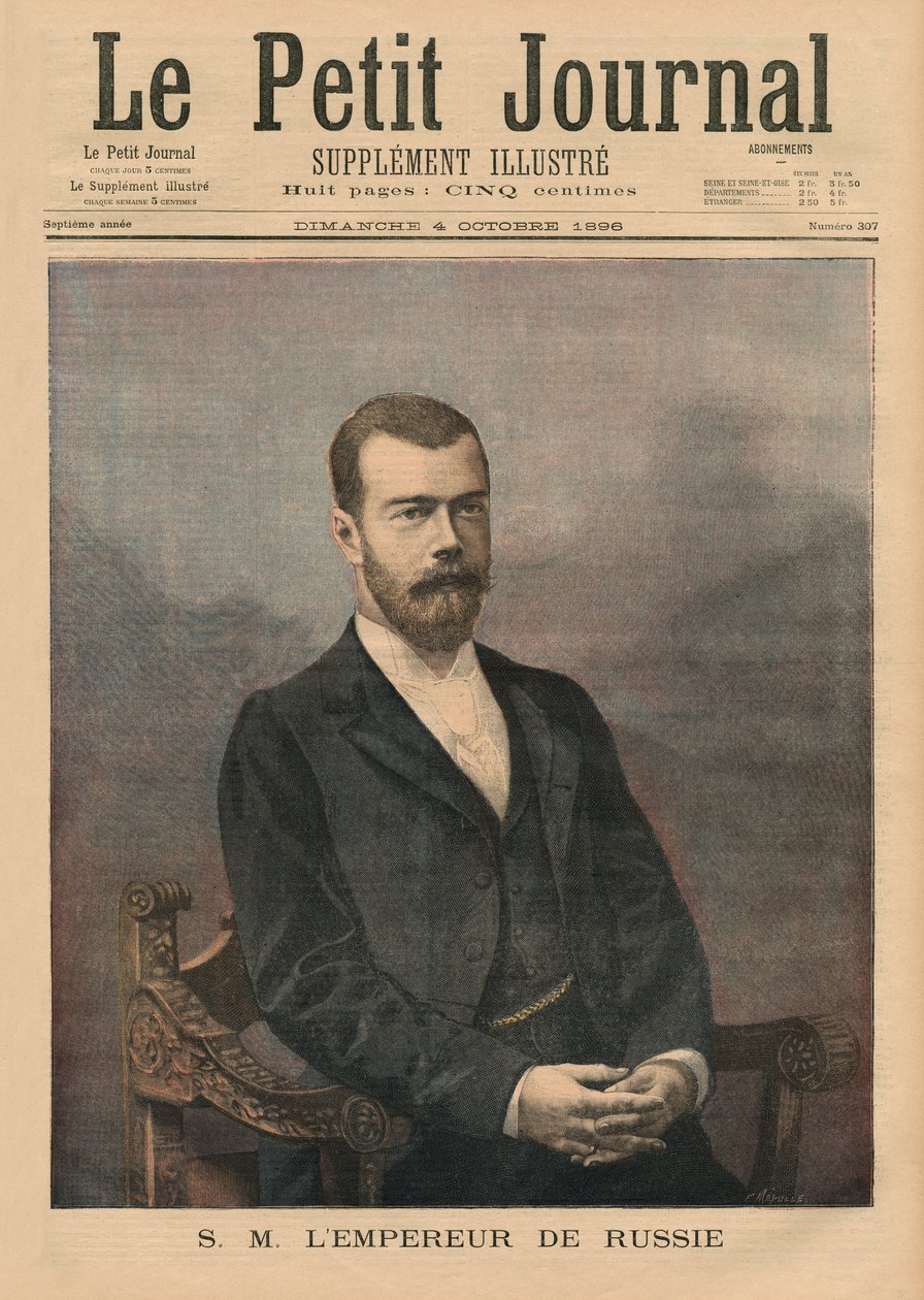 Jego Cesarska Mość Cesarz Rosji Mikołaj II, ilustracja na okładce „Le Petit Journal”, dodatek illustre, 4 października 1896 (kolor lito) autorstwa Fortune Louis Meaulle
