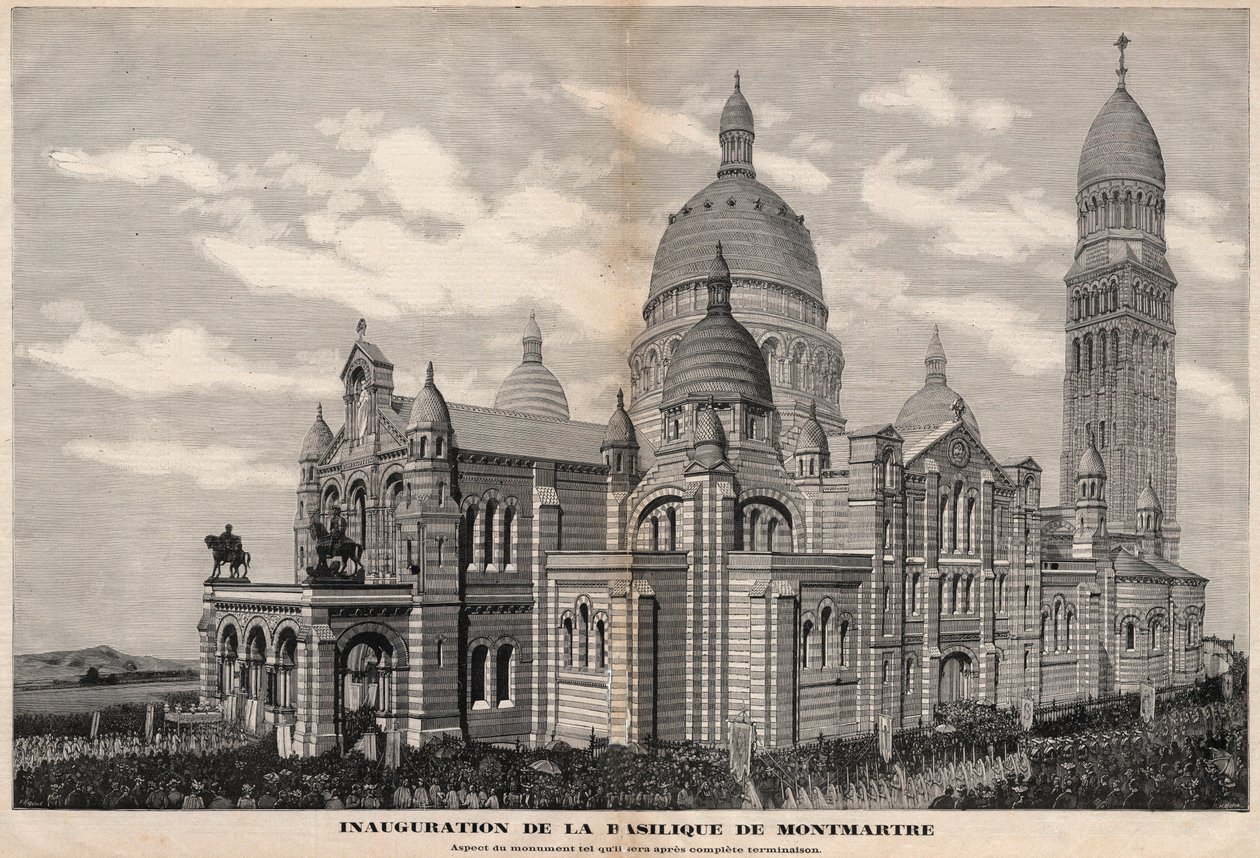 Inauguracja bazyliki Sacre-Coeur na Montmartre w 1891 r. (wygląd pomnika w takim stanie, w jakim będzie po całkowitym ukończeniu) - Grawerowanie Meaulle w 1891 r. autorstwa Fortune Louis Meaulle