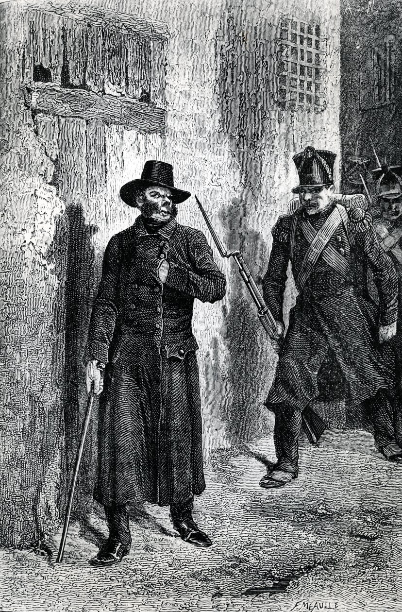 Javert goniący Valjeana, ilustracja z "Les Miserables" Victora Hugo, wyd. J. Hetzel, 1865 (drzeworyt) autorstwa Fortune Louis Meaulle