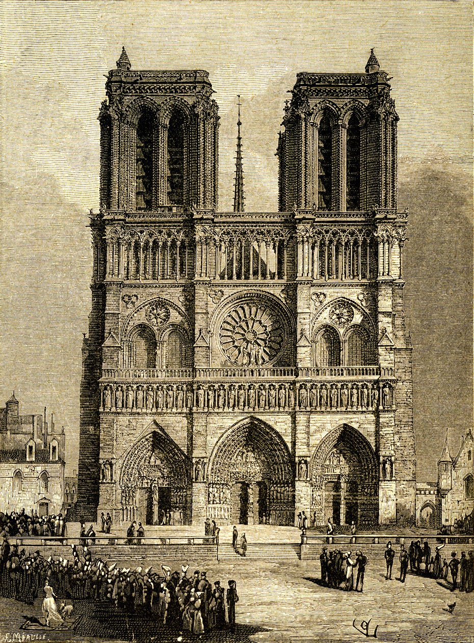 Notre Dame de Paris (Notre-Dame) w 1482 roku: fasada zachodnia i parvis. Rycina autorstwa F. Meaulle, na podstawie rysunku Viollet le Duc (Viollet-le-Duc) ilustrującego tytułową powieść Victora Hugo, wydanie Ollendorff, początek XX wieku. U dołu po lewej s autorstwa Fortune Louis Meaulle