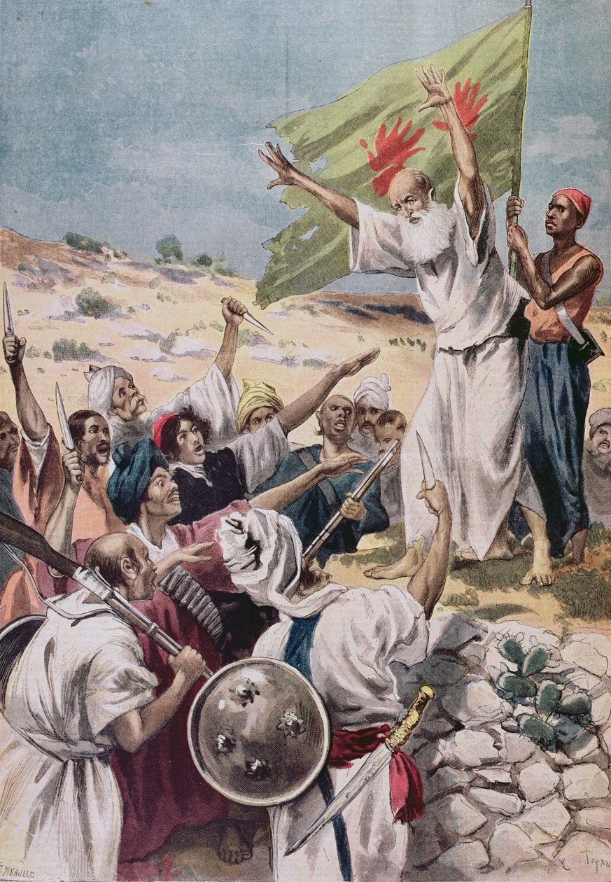 Głoszenie „Świętej Wojny” podczas powstania w Indiach Brytyjskich, ilustracja z „Le Petit Journal”, 1897 autorstwa Fortune Louis Meaulle