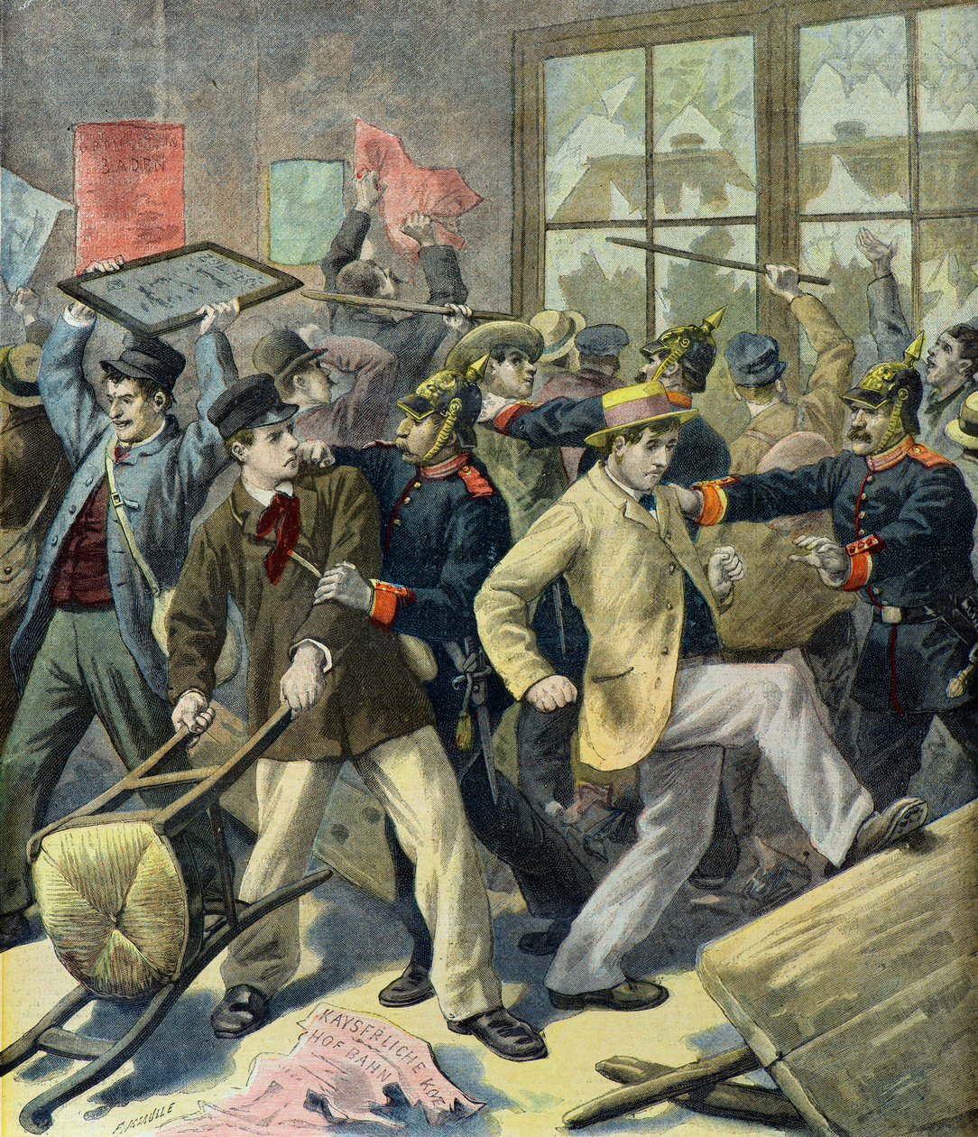 Bunt poborowych z Alzacji i Lotaryngii na niemieckich posterunkach (rycina) autorstwa Fortune Louis Meaulle
