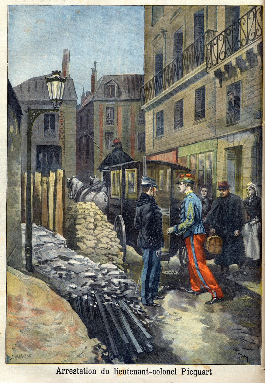 Sprawa Dreyfusa „Aresztowanie podpułkownika Picquarta (1854-1914) w „Le Petit Journal”, styczeń 1898 (rycina) autorstwa Fortune Louis Meaulle