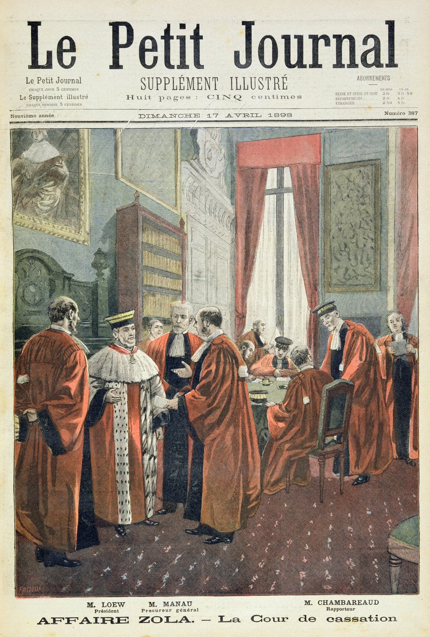 Strona tytułowa przedstawiająca Sąd Kasacyjny z panami Loew, Chambareaud i Manau, ilustracja z ilustrowanego dodatku Le Petit Journal autorstwa Fortune Louis Meaulle