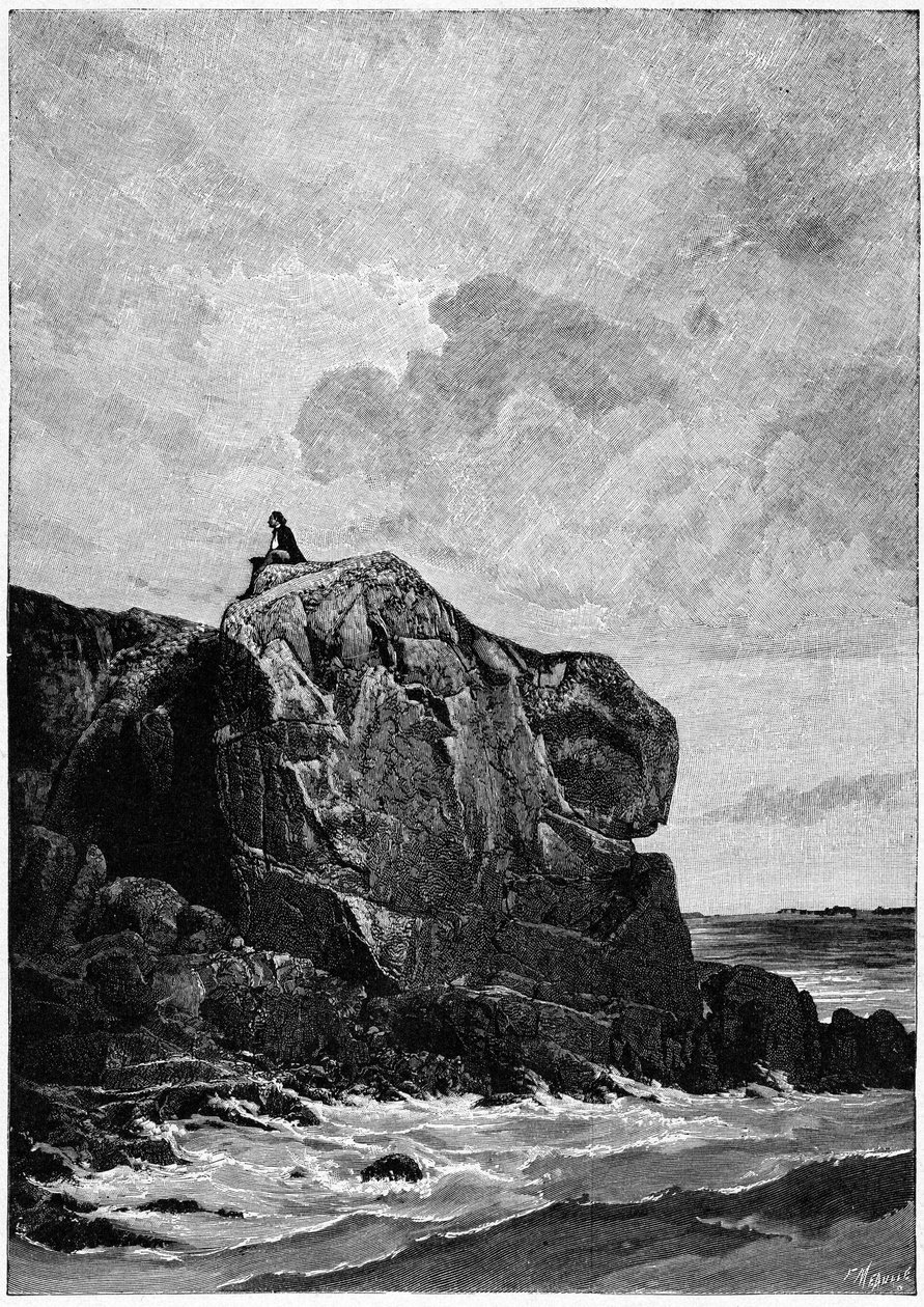 Victor Hugo na wygnaniu w Jersey w 1855 roku, na skale Proscriit. Rycina autorstwa Louisa Fortune Meaulle