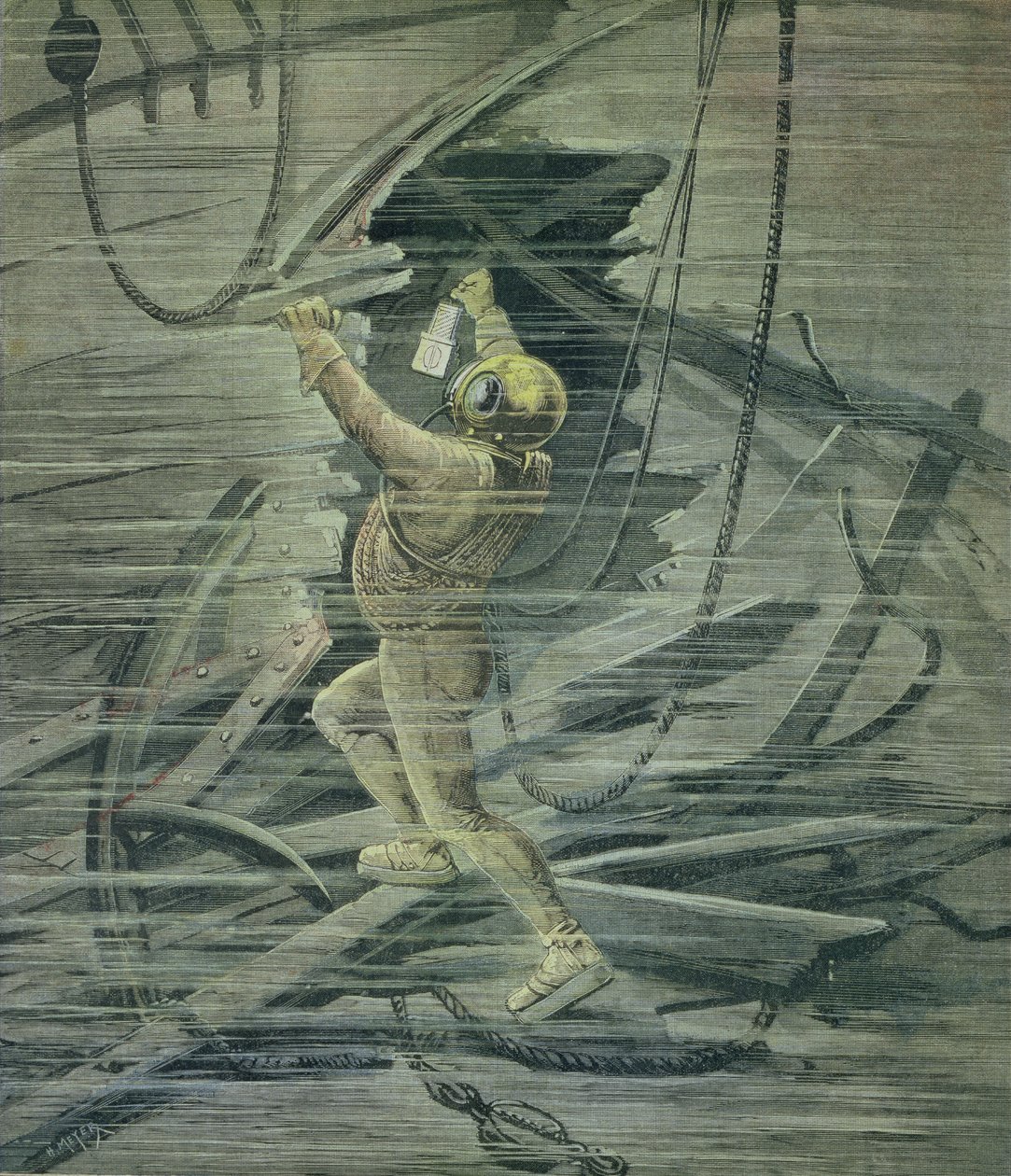 Nurek głębinowy patrzący na wraki w porcie Le Havre, z „Le Petit Journal”, 13 lutego 1892 autorstwa Fortune Louis Meaulle and Henri Meyer