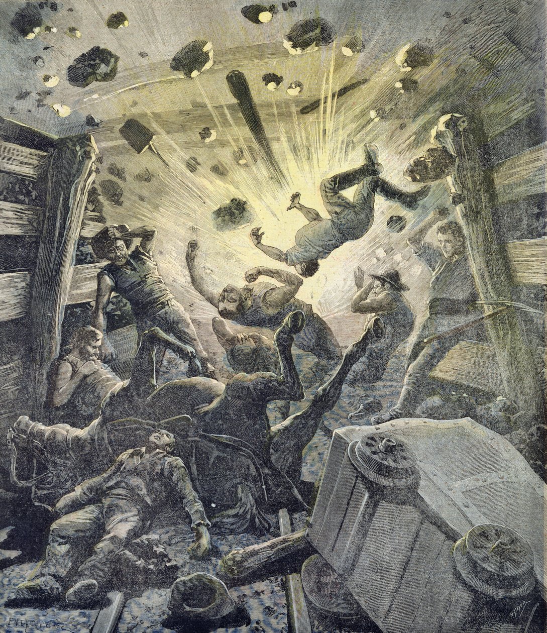 Wybuch gazu, ilustracja z ilustrowanego dodatku do Le Petit Journal, 2 kwietnia 1892 r. autorstwa Fortune Louis Meaulle and Henri Meyer