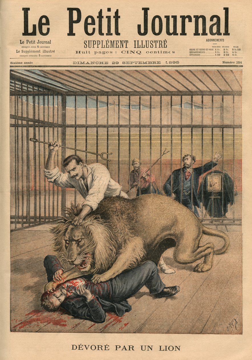 Pożeranie przez lwa, ilustracja na okładce z „Le Petit Journal”, dodatek illustre, 29 września 1895 autorstwa Fortune Louis Meaulle and Henri Meyer