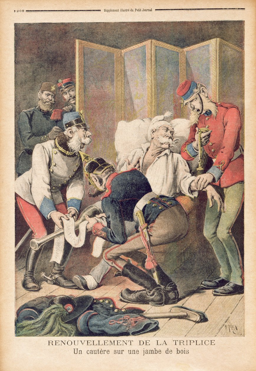 Karykatura Trójprzymierza Niemiec, Austrii i Włoch, z „Le Petit Journal”, czerwiec 1896 r. autorstwa Fortune Louis Meaulle and Henri Meyer