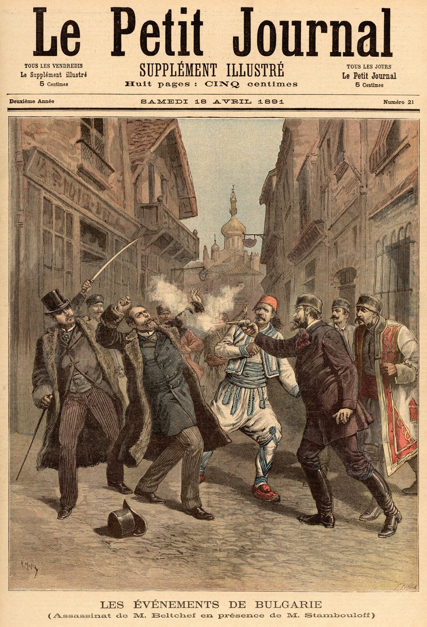 Wydarzenia w Bułgarii: Zabójstwo pana Beltchef w obecności Stefana Stambolova (1854-95) z „Le Petit Journal”, 18 kwietnia 1891 autorstwa Fortune Louis Meaulle and Henri Meyer