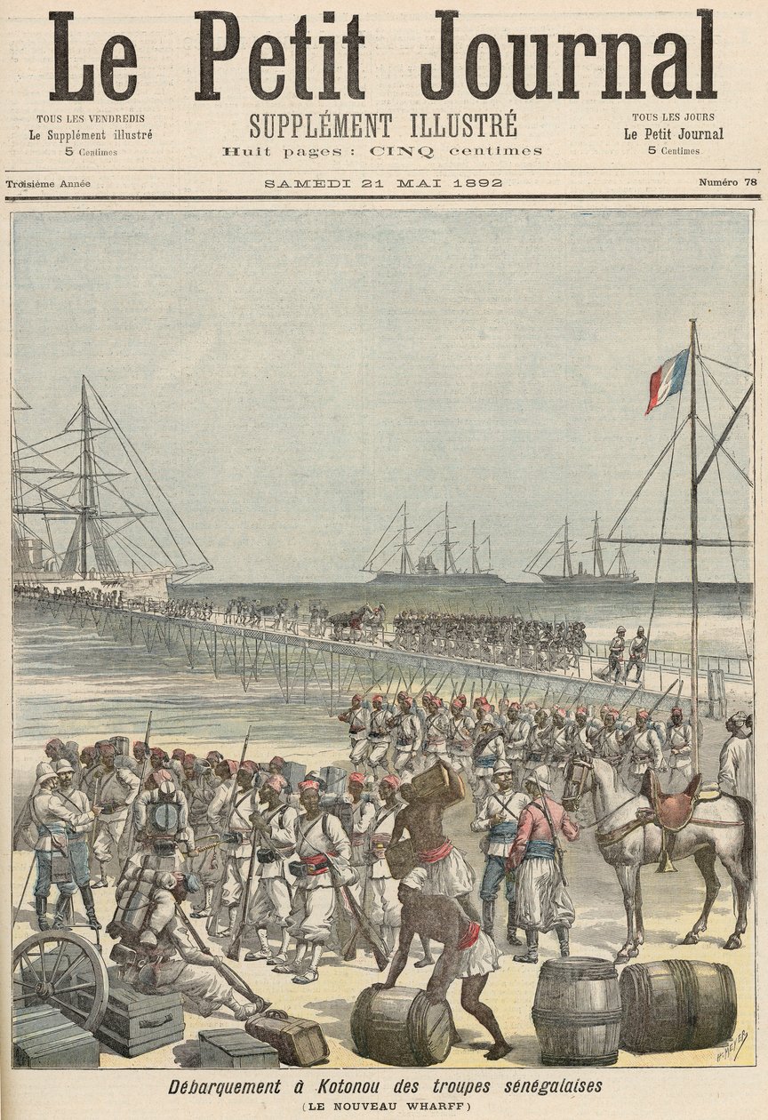 Lądowanie oddziałów senegalskich na New Wharf w Kotonu, z „Le Petit Journal”, 21 maja 1892 autorstwa Fortune Louis Meaulle and Henri Meyer