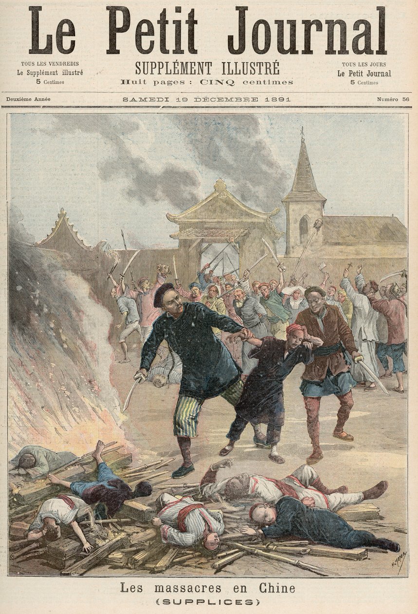 Masakra w Chinach, z „Le Petit Journal”, 19 grudnia 1891 (kolor lito) autorstwa Fortune Louis Meaulle and Henri Meyer
