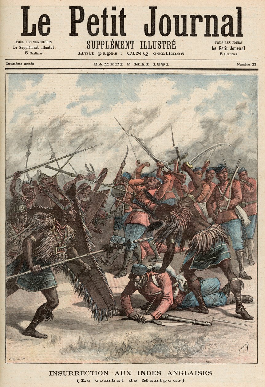 Bitwa pod Manipur, z „Le Petit Journal”, 2 maja 1891 (kolorowa grawerunek) autorstwa Fortune Louis Meaulle and Henri Meyer