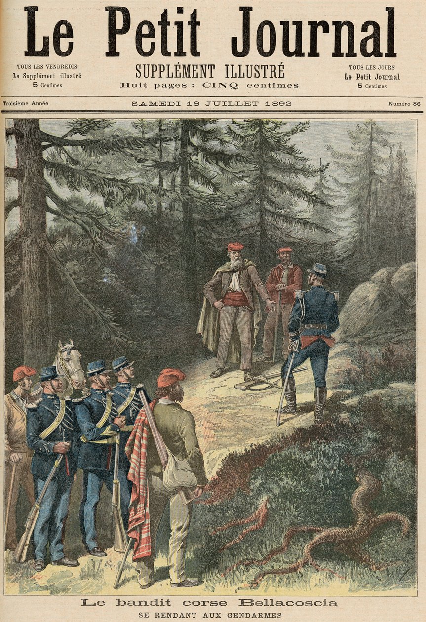 Korsykański bandyta, Jacques Bellacoscia, Poddanie się policji, z „Le Petit Journal”, 16 lipca 1892 (kolor lito) autorstwa Fortune Louis Meaulle and Henri Meyer