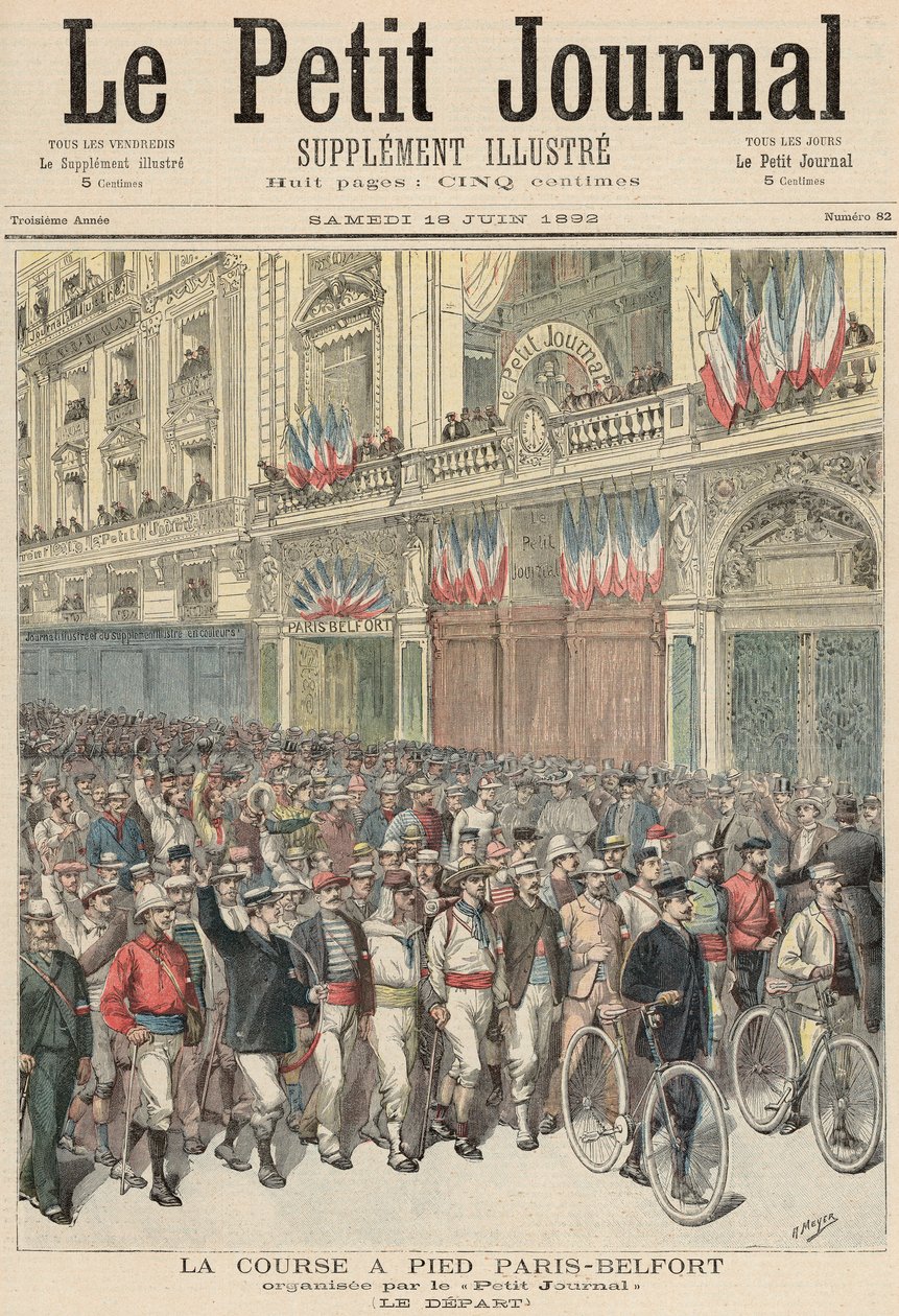 Start wyścigu drogowego z Paryża do Belfort, z „Le Petit Journal”, 18 czerwca 1892 r. autorstwa Fortune Louis Meaulle and Henri Meyer
