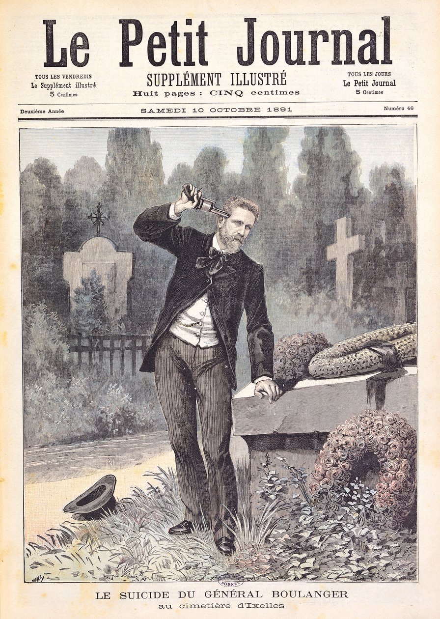 Samobójstwo generała Georgesa Ernesta Boulangera (1837-91) na cmentarzu w Ixelles, z „Le Petit Journal”, 10 października 1891 autorstwa Fortune Louis Meaulle and Henri Meyer