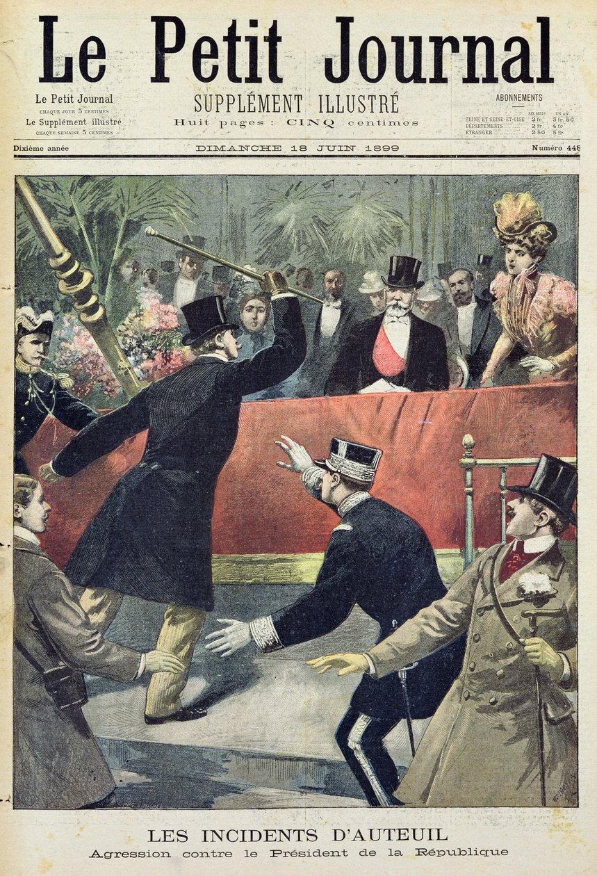 Incydenty w Auteuil, agresja przeciwko prezydentowi Republiki, strona tytułowa z "Le Petit Journal", 18 czerwca 1899 r. (rycina kolorowa) autorstwa Fortune Louis Meaulle and Henri Meyer
