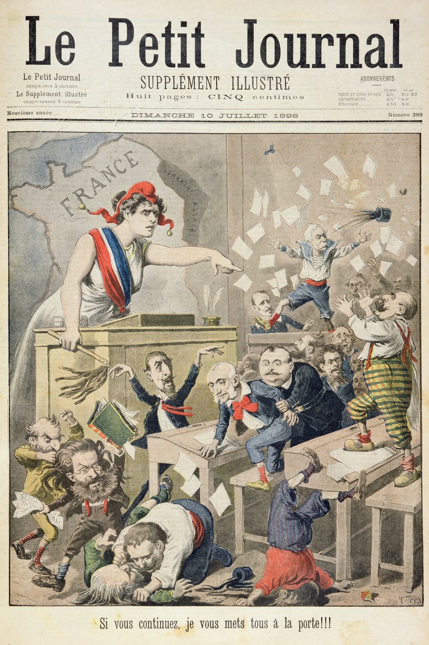 Strona tytułowa przedstawiająca zamieszanie w Izbie Poselskiej, ilustracja z ilustrowanego dodatku Le Petit Journal, 10.07.1898 autorstwa Fortune Louis Meaulle and Henri Meyer