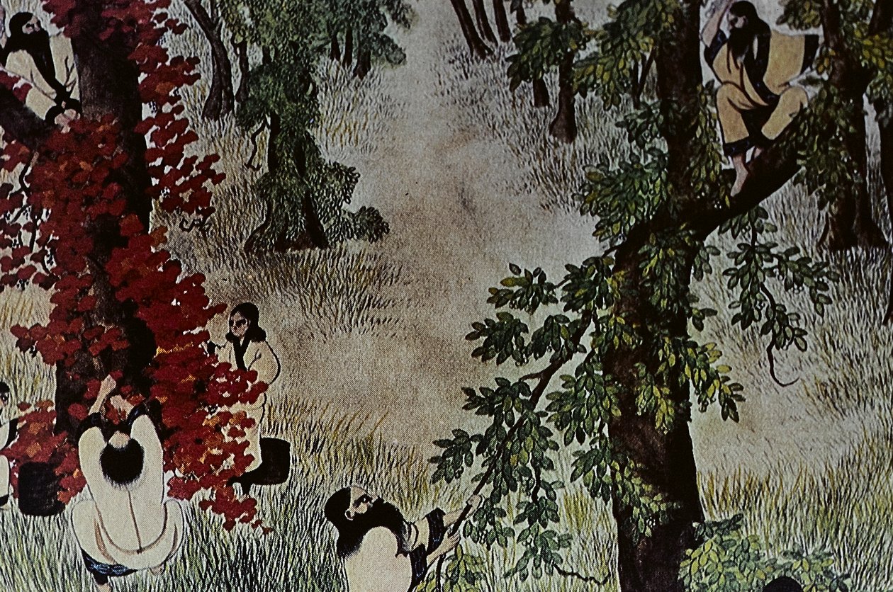 Wielcy przywódcy osiemnastowiecznych Ainu: Itokoi i Shinichi z Akkeshi, Chosama z Uraashibetsu i Shonko z Noshappu, w szczególności, ilustracja autorstwa Fosco Maraini