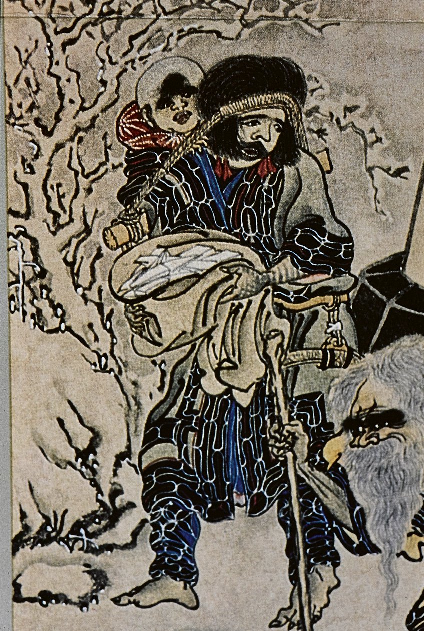 Wielcy przywódcy osiemnastowiecznych Ainu: Itokoi i Shinichi z Akkeshi, Chosama z Uraashibetsu i Shonko z Noshappu, w szczególności, ilustracja autorstwa Fosco Maraini