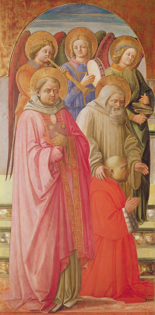 Tryptyk przedstawiający Koronację Marii Panny (lewy panel: święci, anielscy muzycy i klęczący kardynał) (tempera na panelu) autorstwa Fra Angelico