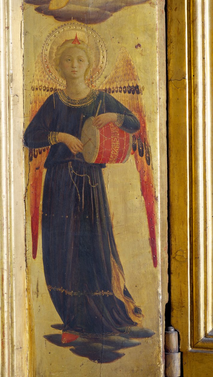 Anioł bijący w bęben, detal z Tryptyku Linaivoli, 1433 (tempera na desce) autorstwa Fra Angelico