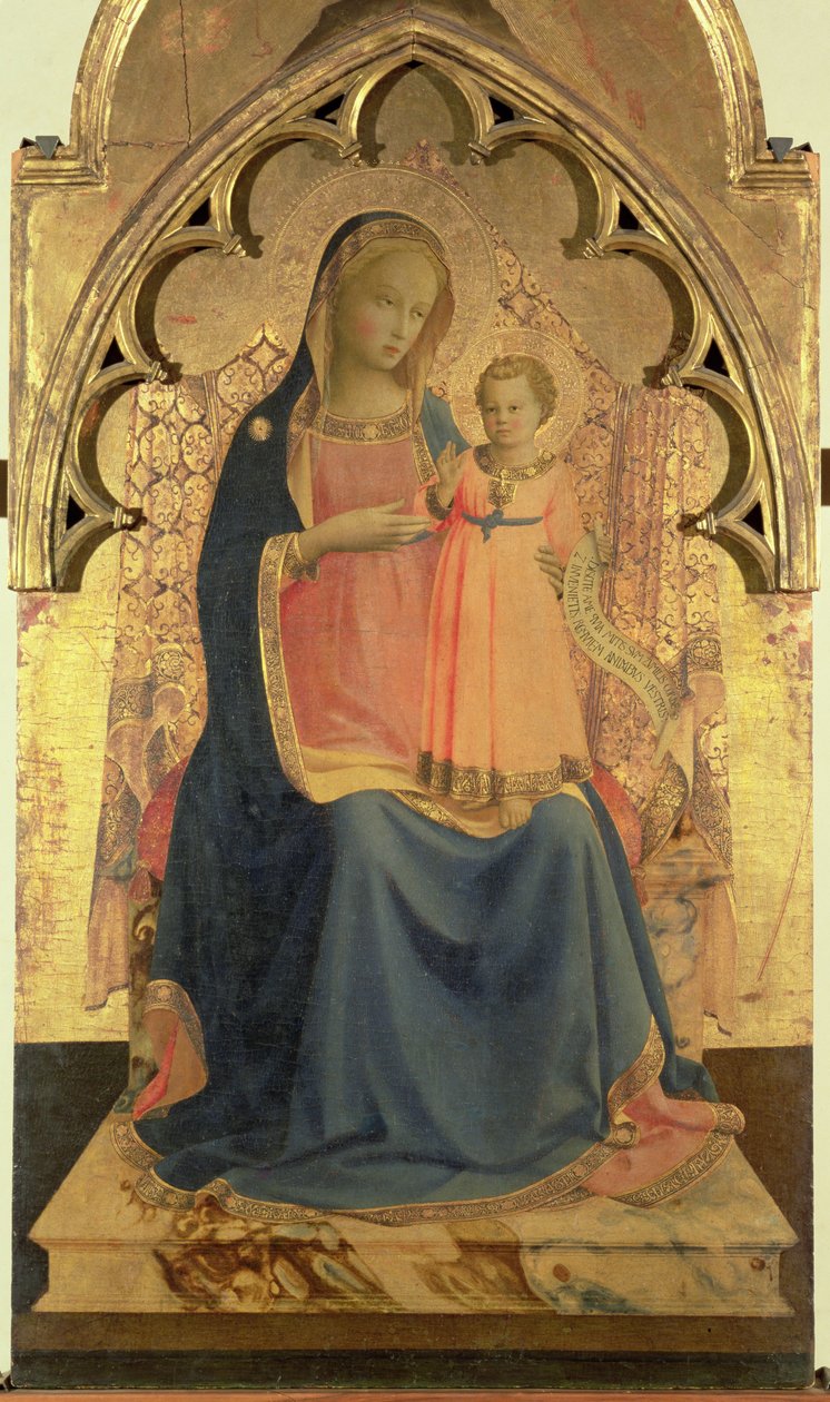Madonna z Dzieciątkiem, centralny panel tryptyku (tempera i złoty płatek na panelu) autorstwa Fra Angelico