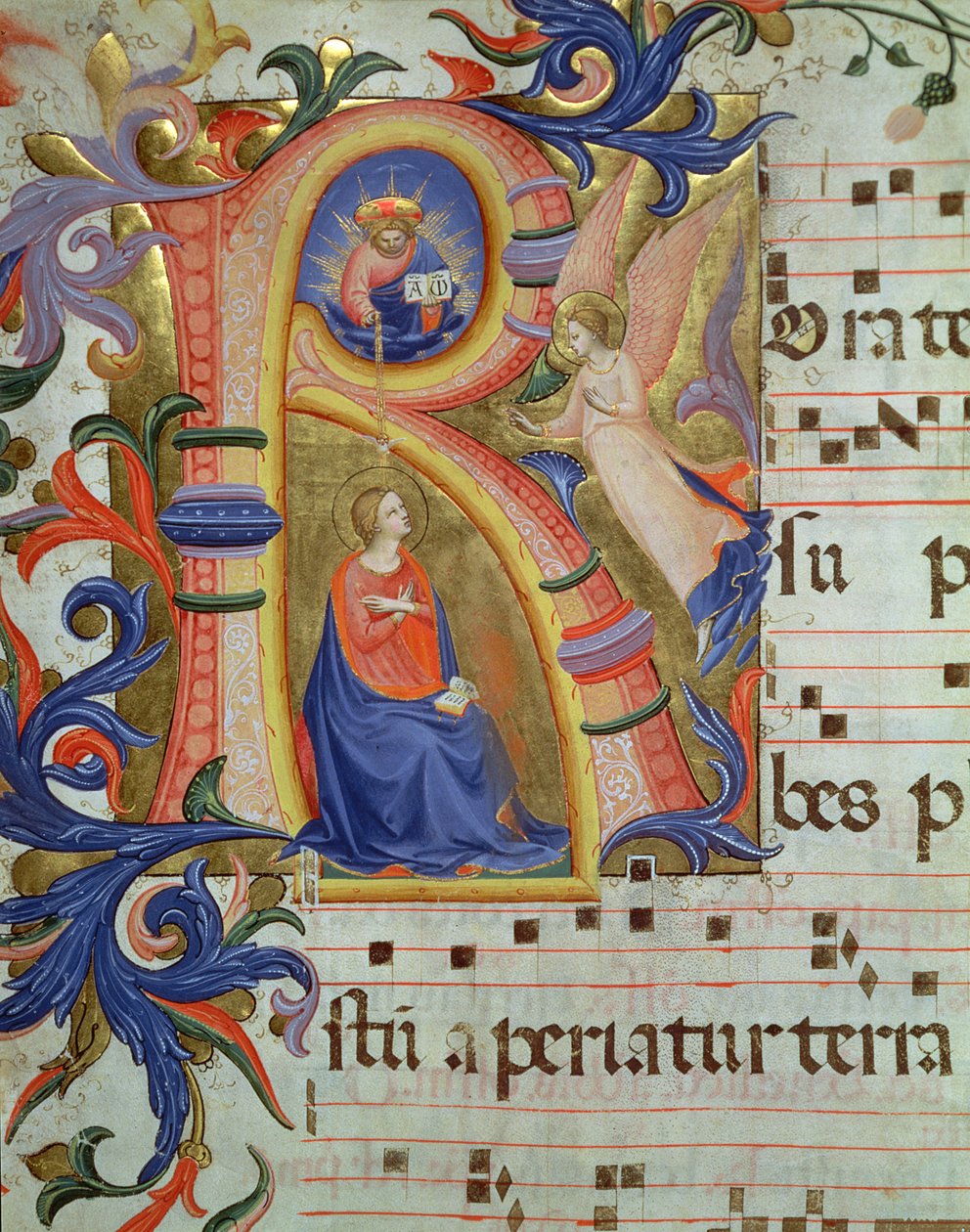 Ms 558 f.33v Zwiastowanie przedstawione w historycznym inicjale „R”, fragment z Mszału, początek lat 30. XIV wieku (szczegóły zob. 88933) autorstwa Fra Angelico