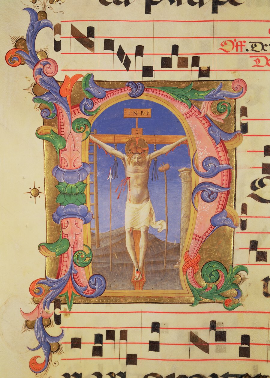 Ms 558 f.45v Ukrzyżowanie przedstawione w historycznym inicjale „N”, fragment z Mszału, początek lat 30. XIV wieku autorstwa Fra Angelico