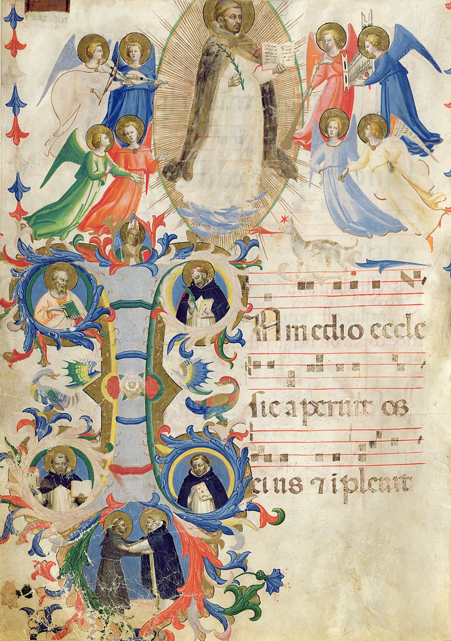 Ms 558 f.67v Strona przedstawiająca św. Dominika i historyczny inicjał „I” z księgi stopniowej z San Marco e Cenacoli (szczegóły patrz 88937) autorstwa Fra Angelico