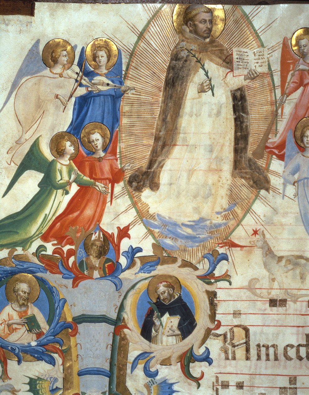 Ms 558 f.67v Św. Dominik w otoczeniu muzykujących aniołów, fragment z Mszału, początek lat 30. XIV wieku, fragment welinu z 88937 autorstwa Fra Angelico