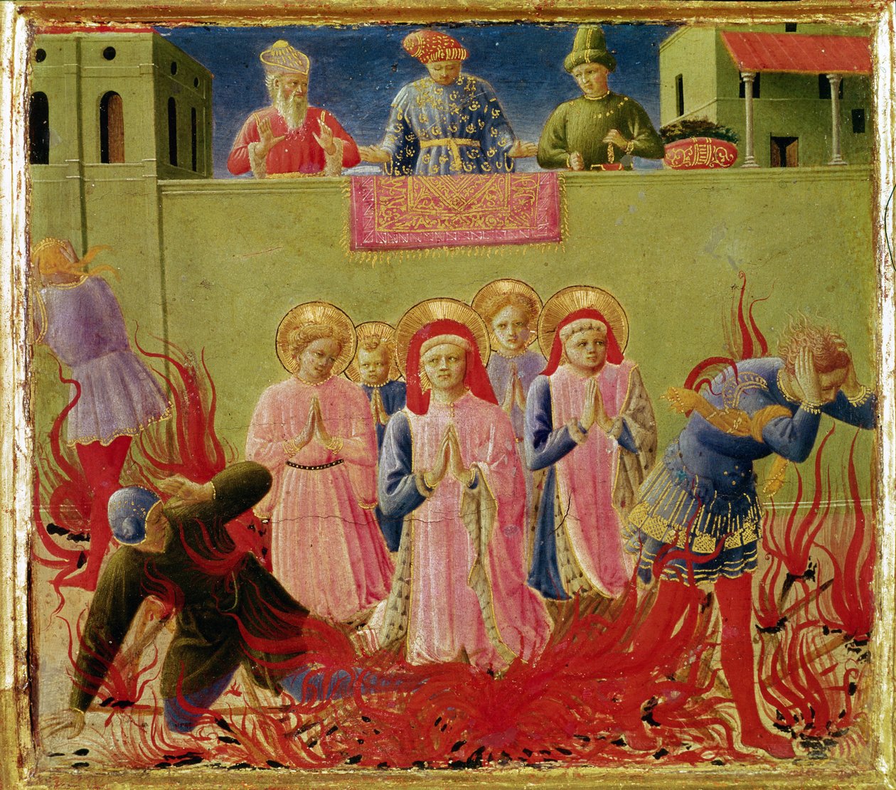 SS. Kosma i Damian skazani na spalenie na stosie, predella z Ołtarza Annaleny, 1434 (tempera na panelu) autorstwa Fra Angelico