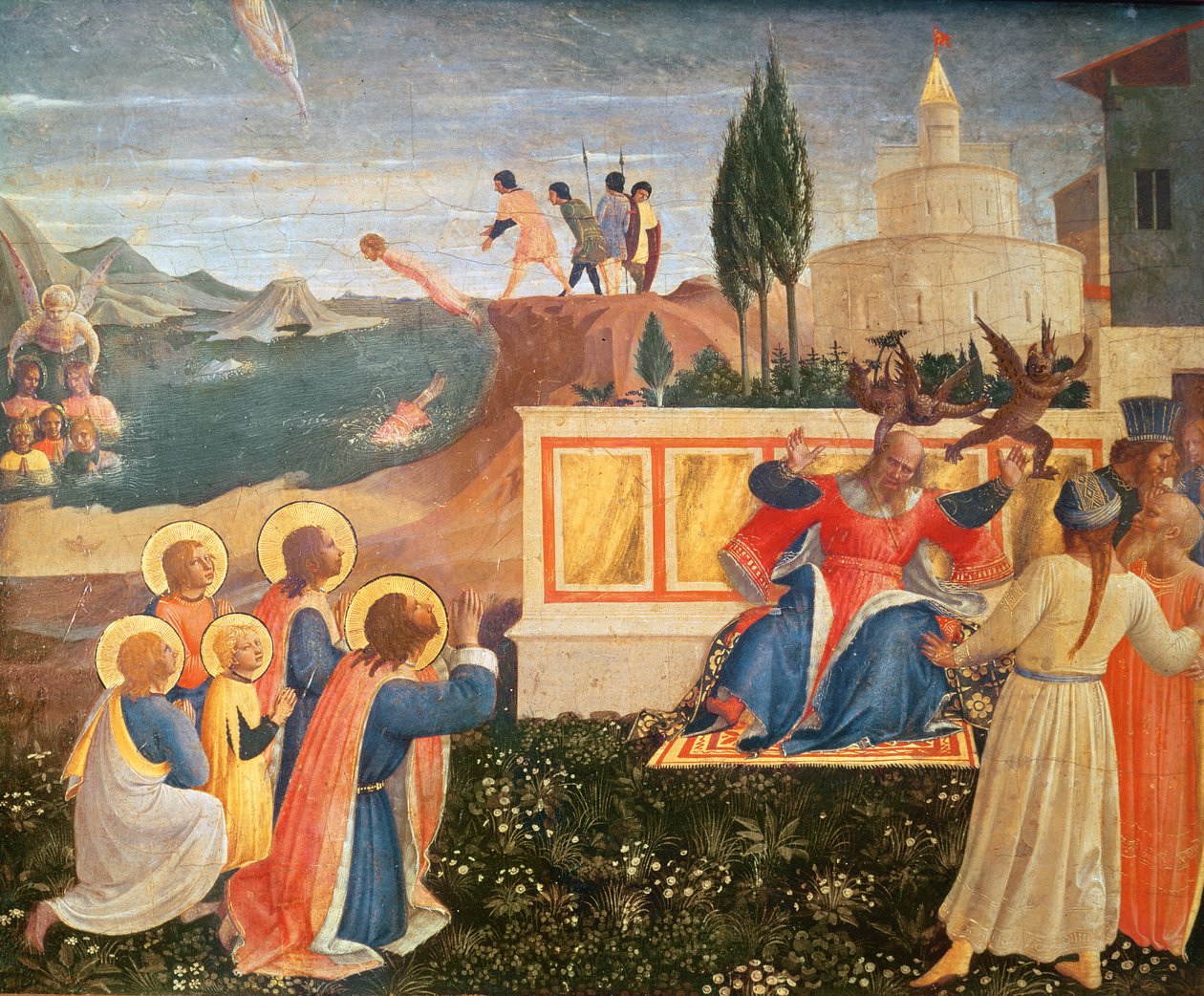 Święci Kosma i Damian zostają wrzuceni do morza; demony uciekają z ust prokonsula Lizjasza, z predelli ołtarza św. Marka, 1438-40 (tempera na desce) autorstwa Fra Angelico