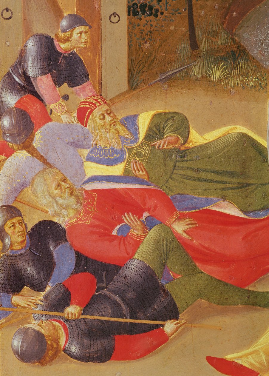 Sceny z życia Chrystusa, II panel przedstawiający zdradę Judasza, szczegóły przewróconych postaci, 1450-3 tempera na drewnie autorstwa Fra Angelico