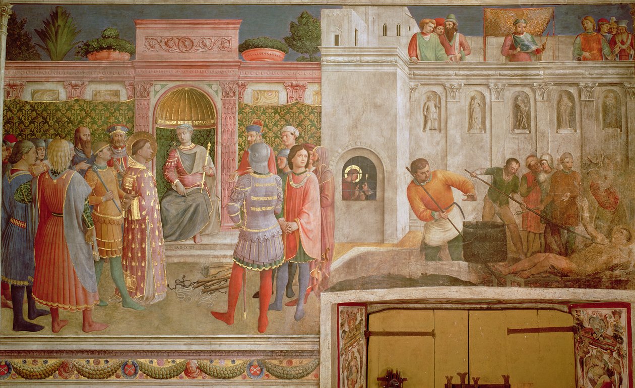 Św.Wawrzyńca przed Decjuszem i męczeństwo Św.Wawrzyńca autorstwa Fra Angelico