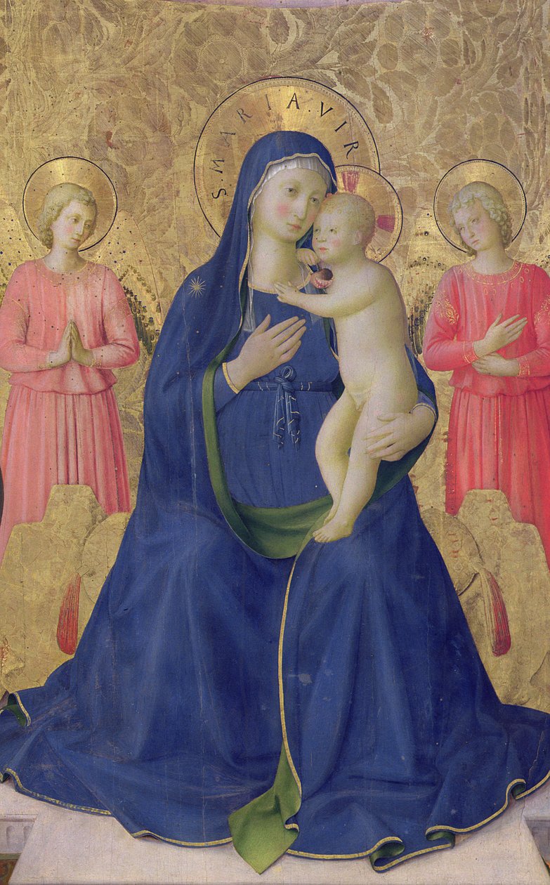 Ołtarz Bosco ai Frati: Dziewica z Dzieciątkiem na tronie z dwoma aniołami, tempera 1452 na detalu panelu z 43968 autorstwa Fra Angelico