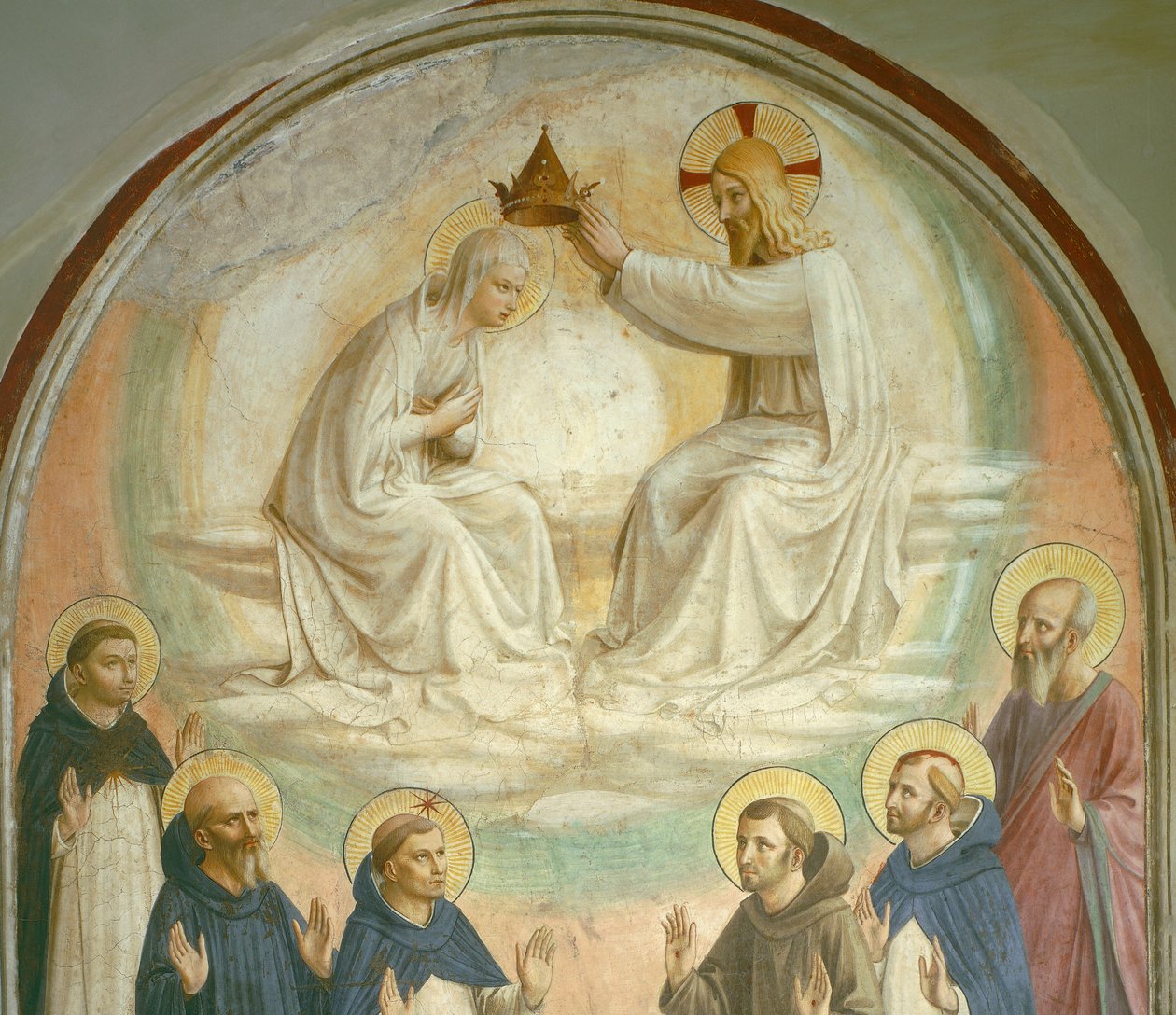 Koronacja Dziewicy ze św. Tomaszem, Benedyktem, Dominikiem, Franciszkiem, Piotrem Męczennikiem i Pawłem, 1442 (szczeg. z 43883) autorstwa Fra Angelico