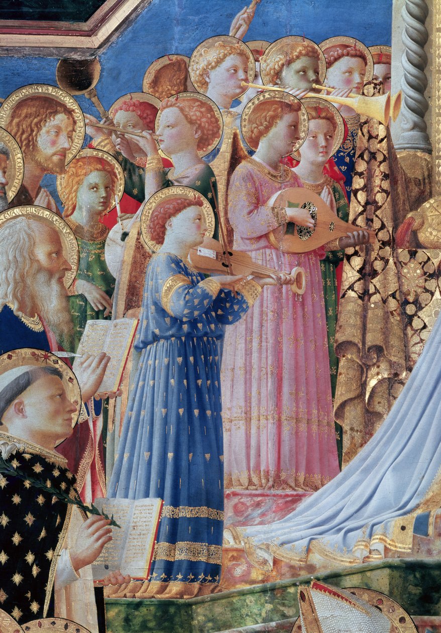 Koronacja dziewicy, fragment muzycznych aniołów z lewej strony, ok. 1430-32 (detal z 60319) autorstwa Fra Angelico