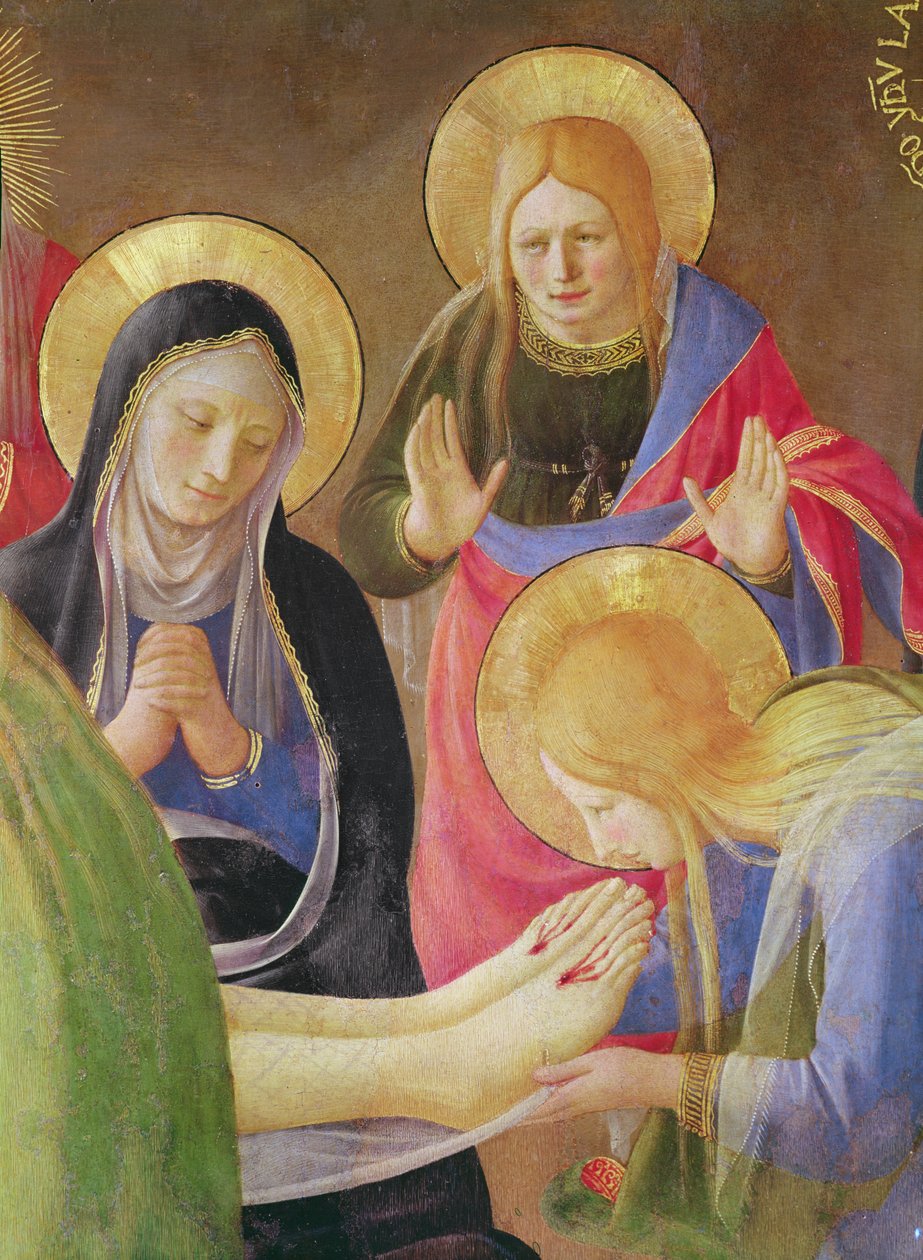 Fragment Opłakiwania Chrystusa przedstawiający Marię Magdalenę całującą Stopy Chrystusa, 1436 tempera na drewnie autorstwa Fra Angelico