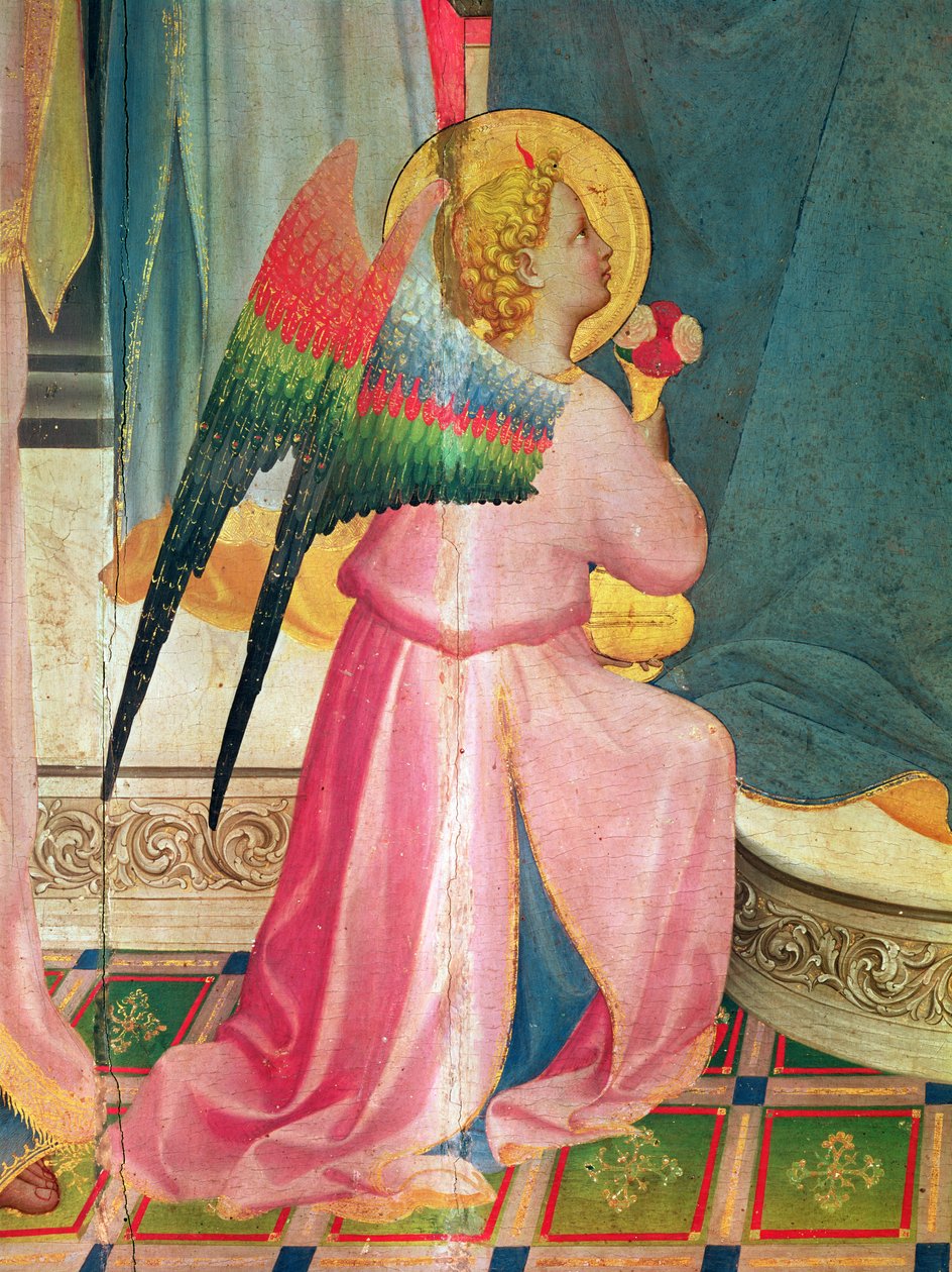 Dziewica na tronie wśród świętych szczegół anioła, ok. 1424-5, tempera na panelu autorstwa Fra Angelico