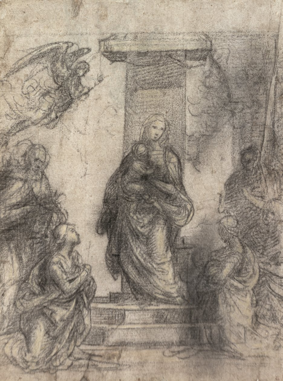 Madonna z Dzieciątkiem ze świętymi (recto) (kreda czarna i żółta podwyższona białą na papierze) (odwrocie patrz 152659) autorstwa Fra Bartolommeo