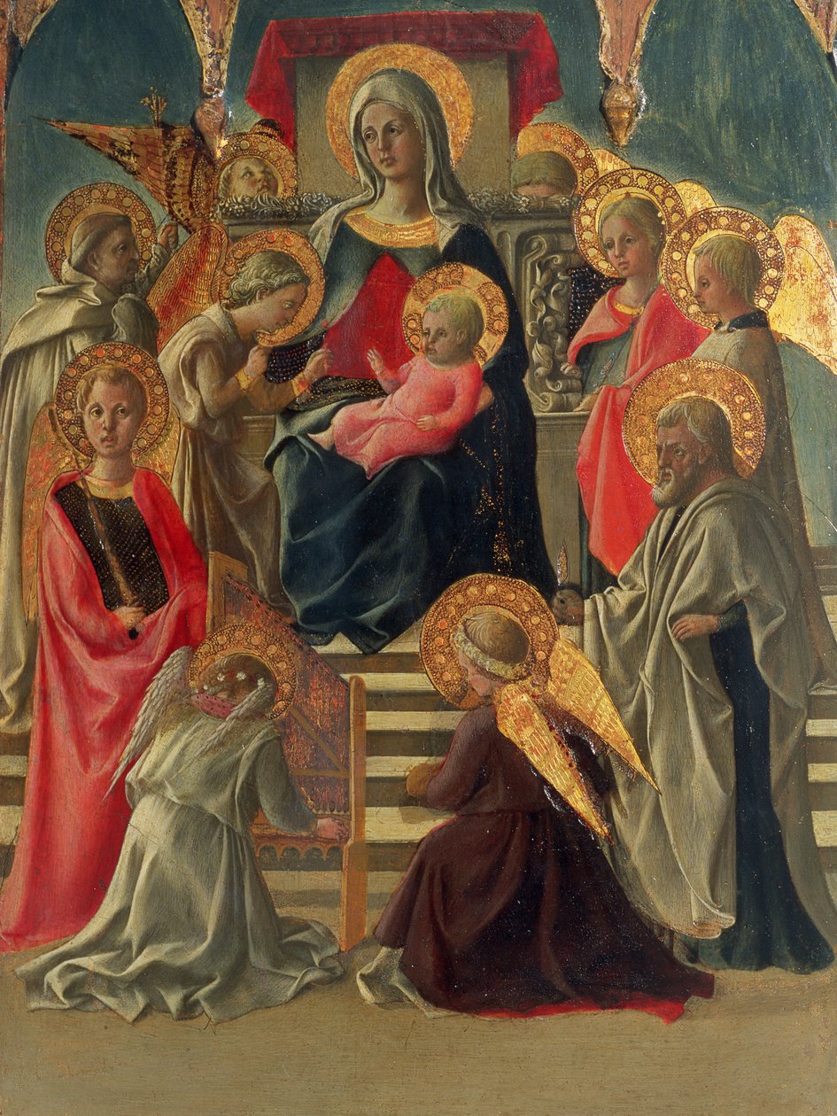 Madonna z Dzieciątkiem na tronie z Aniołami i Świętymi (tempera na desce) (patrz także 197200) autorstwa Fra Filippo Lippi