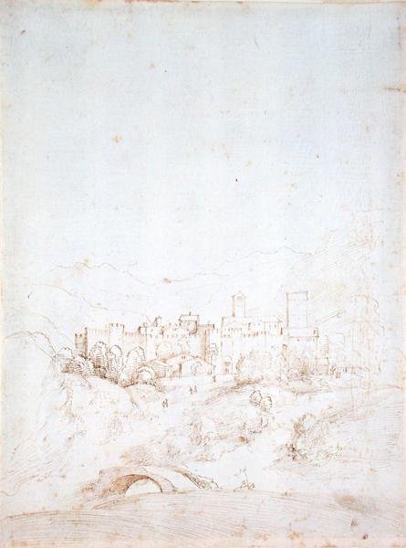 An Italian Hill Town (recto) (pióro, brązowy i czarny tusz na papierze) (odwrotnie patrz 152661) autorstwa Fra Bartolomeo