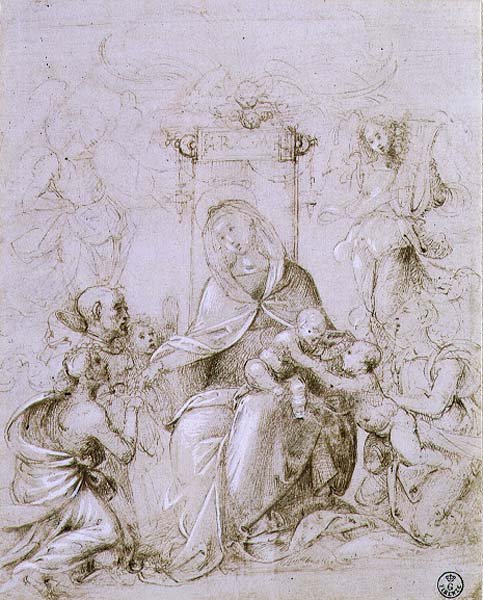 Madonna z Dzieciątkiem w intronizacji, ze św. Janem Chrzcicielem przedstawionym przez anioła i św. Moniką (pióro i tusz na papierze) autorstwa Fra Bartolomeo