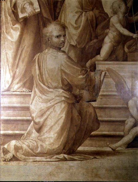Ołtarz Wielkiej Rady, szczegół przedstawiający młodego klęczącego świętego autorstwa Fra Bartolomeo
